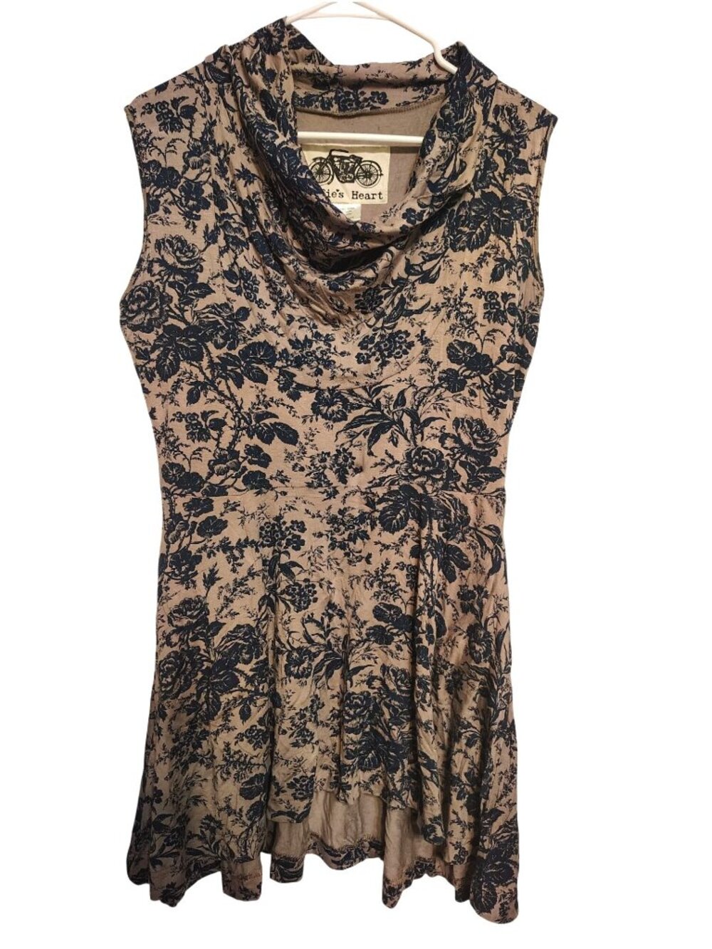 Effie's Heart Large Sleeveless Dress, Cowl Neck, Taupe, Navy Blue Leaves & Birds